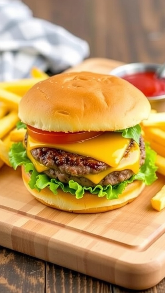 Juicy air fryer burger with cheese, lettuce, and tomato on a toasted bun, served with fries.